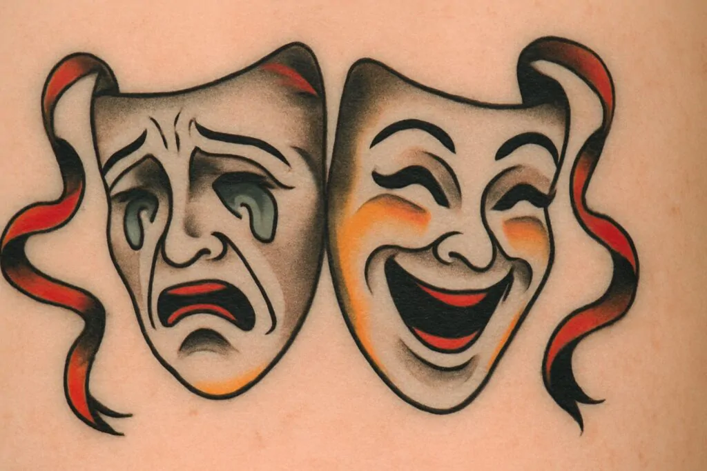 Tatuagem de máscaras que significam "Chora agora, ri depois" 